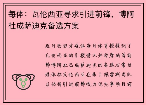 每体：瓦伦西亚寻求引进前锋，博阿杜成萨迪克备选方案